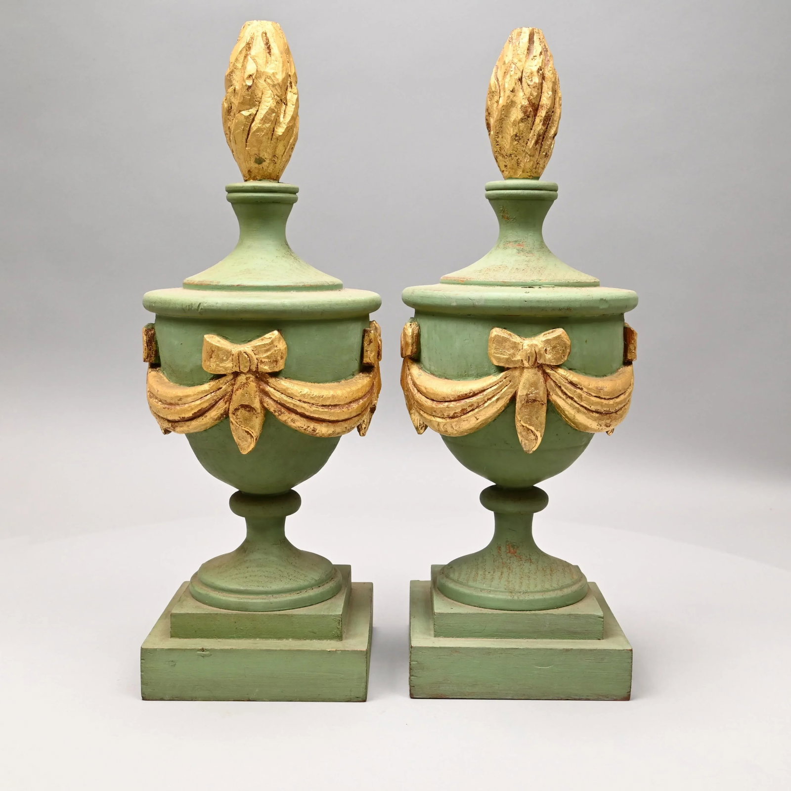Decorative Pair of Early 20th Century Wooden Light Green and Gold Painted Architectural Finials - 2