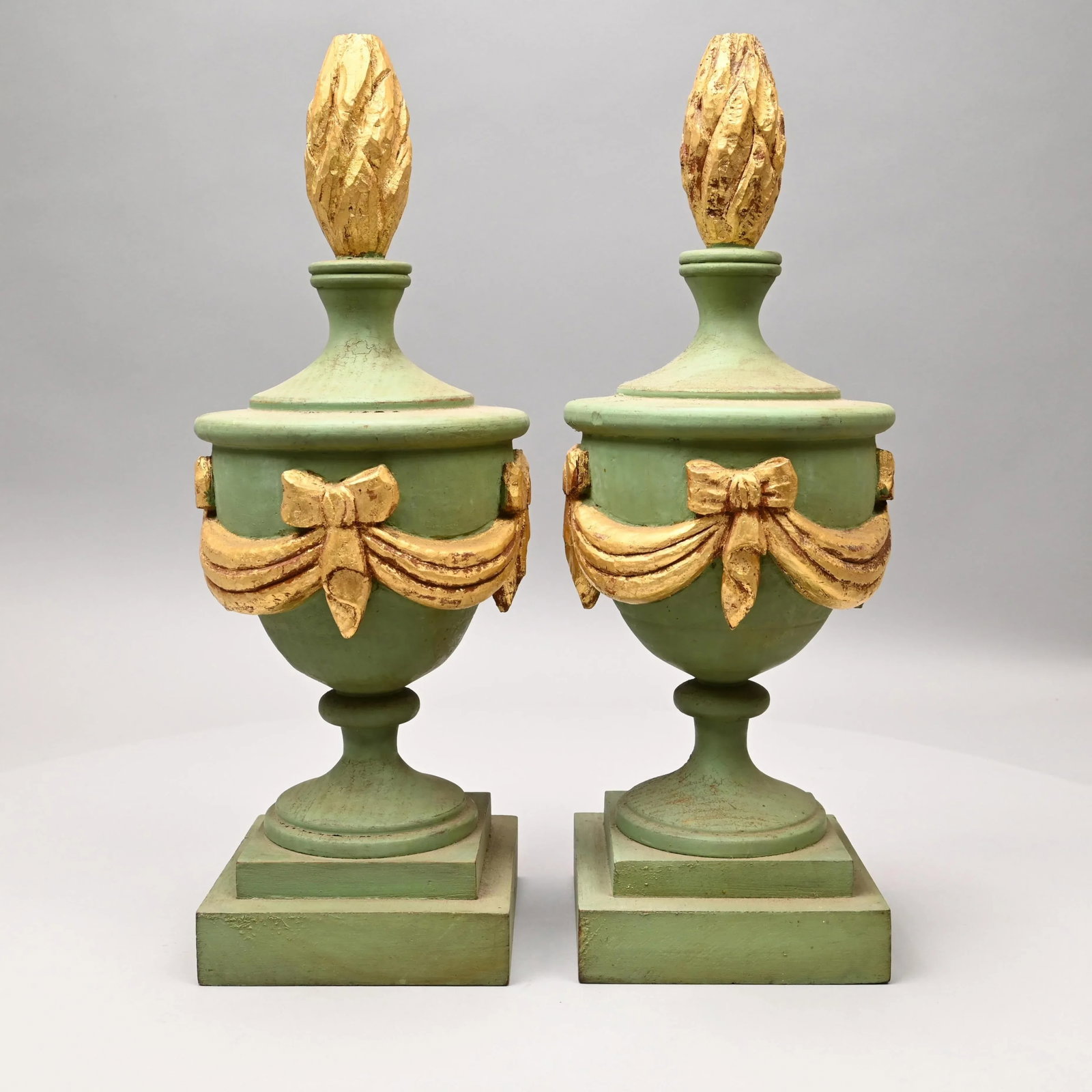 Decorative Pair of Early 20th Century Wooden Light Green and Gold Painted Architectural Finials - 3