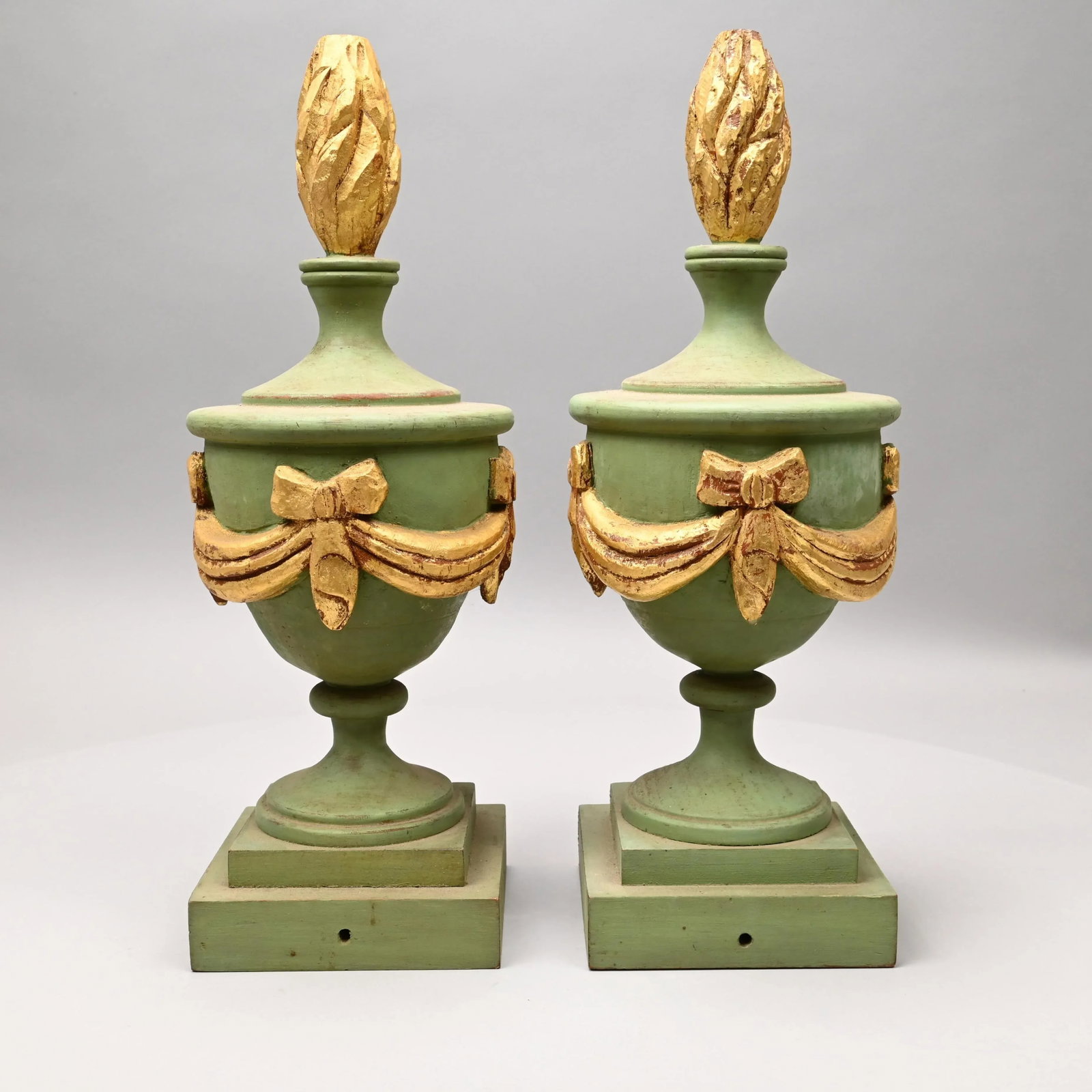 Decorative Pair of Early 20th Century Wooden Light Green and Gold Painted Architectural Finials - 4