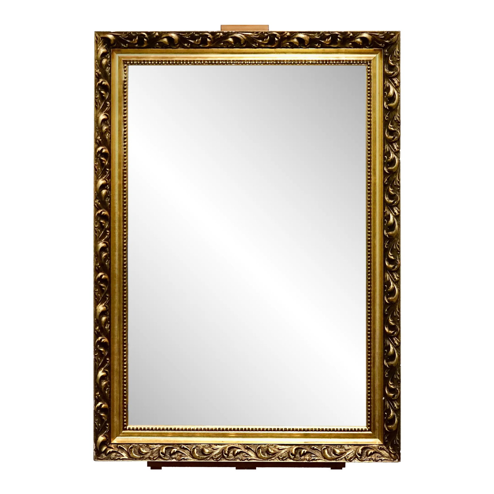 Late 20th Century Ornate Gold Wood Medallion Beveled Hanging Wall Mirror: Wonderful large vintage ornate gold & black wood medallion beveled hanging wall mirror. Made in the USA - Circa late 1900's. Ready to hang - Nice mirror! Condition: Alterations: Original Condition Una