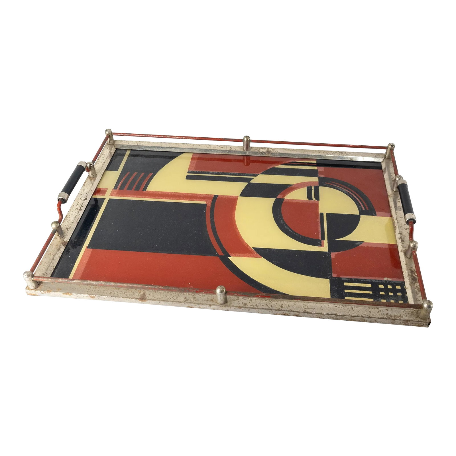 1930's Art Deco "The Jazz Tray" Modernism Reverse Painted Glass Cocktail Tray: We are selling this great and iconic example of Art Deco 1930's design. Called "The Jazz Tray" or the "Modernism Tray" this reverse painted glass and nickel plated steel serving tray was featured on