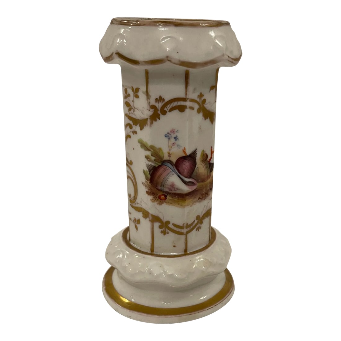 1825 English Spill Vase: Antique porcelain circa 1825 spill vase with molded acanthus foliage decoration, gold gilt accents. Octagonal form body, White ground with gold corners, scrolled Foliate cartouche with a central paint