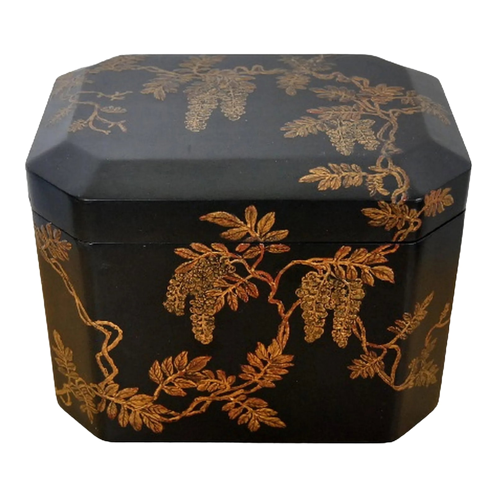 Ryukyu Okinawa Gild Lacquer Accessory Box Tebako With Fuji-Wisteria Flowers: The deep, octagonal wood box with rounded corners is decorated in Ryukyu Kingdom (Japanese Okinawa today), tsuikin lacquer technique, with designs of wisteria flowers (Fuji means wisteria) continuing