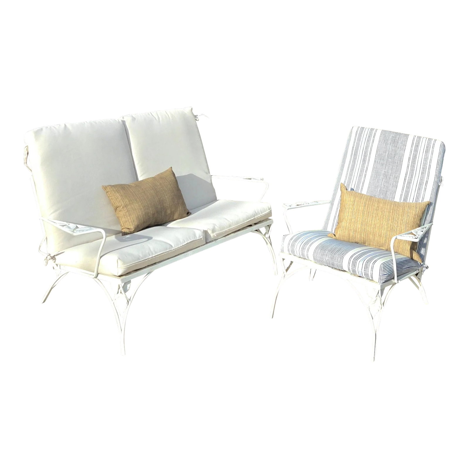 Vintage Wrought Iron Outdoor Patio Chairs - Set of 2: This is a beautiful set of vintage patio furniture by Woodard, a renowned brand in outdoor furniture. The set includes a 2 person sofa and side arm Lounge Chair with leaf motif. An excellent choice fo