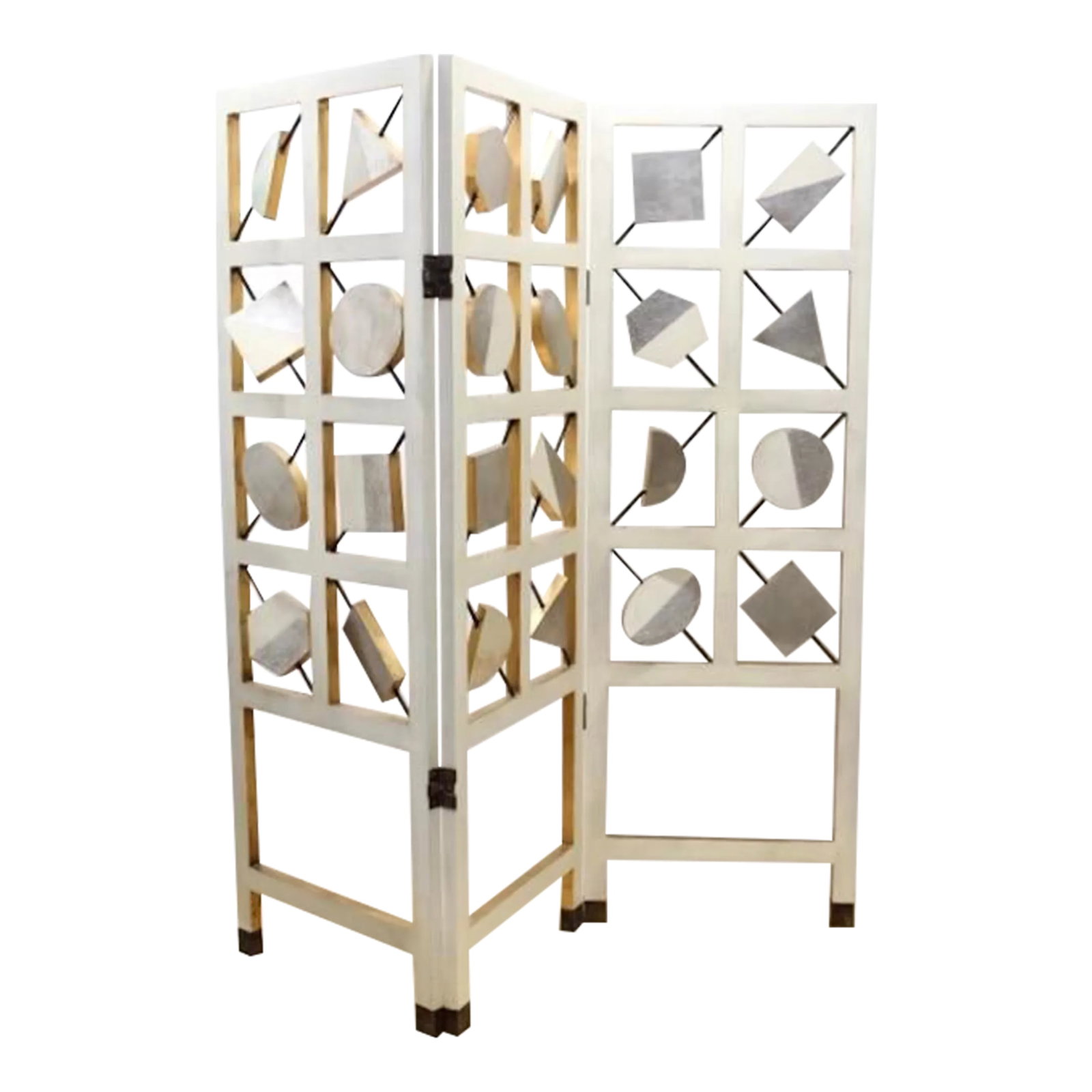 Large 1970s Geometric Room Divider: Mid-century modern three panel geometric room divider. Basic geometric shapes on iron rods. Minor wear. 3 solid wood panels, each 72" x 24 "in. (2'x 6'). Shagreen-like textured finish in sliver,