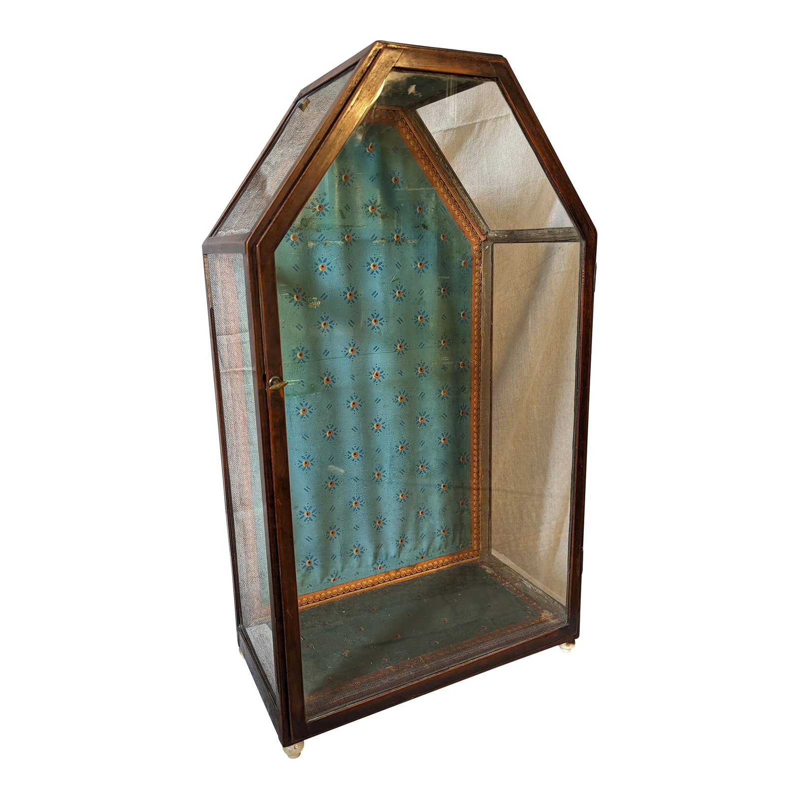 Mid 19th Century Reliquary Case: Mahogany and glass reliquary case with marble feet, from a convent in central Wisconsin; original wallpaper and paper border on interior. Original glass. Condition: Alterations: Original Condition