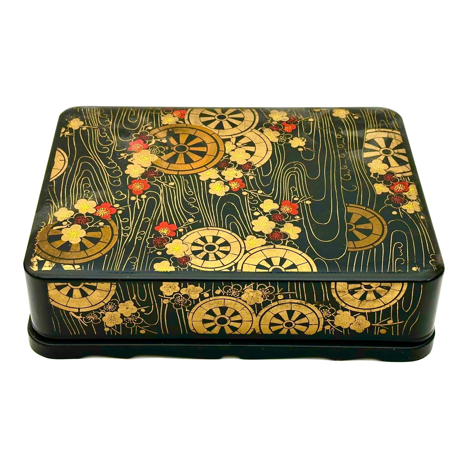 Early 20th Century Large Japanese Aesthetic Movement Black Lacquer Box: This large 9" x 12" black lacquer box has a gilt gold design that includes shapes of traditional Japanese umbrellas or Wagasa and flowers. Condition: Alterations: Original Condition Unaltered