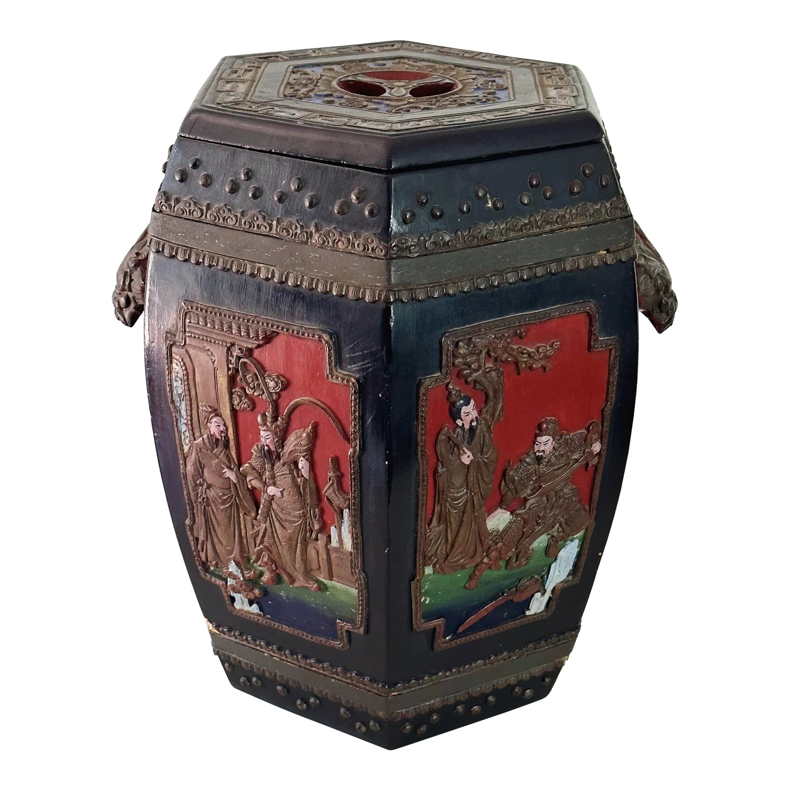 Antique Chinese Hand Carved and Painted Hexagonal Wooden Rice Barrel With Dragon Handles: Antique Chinese Hand Carved and Painted Hexagonal Wooden Rice Barrel with Dragon Handles Measures approx: 17H x 14x12 Pease visit my other listings for more curated treasures. Condition: Alterations: