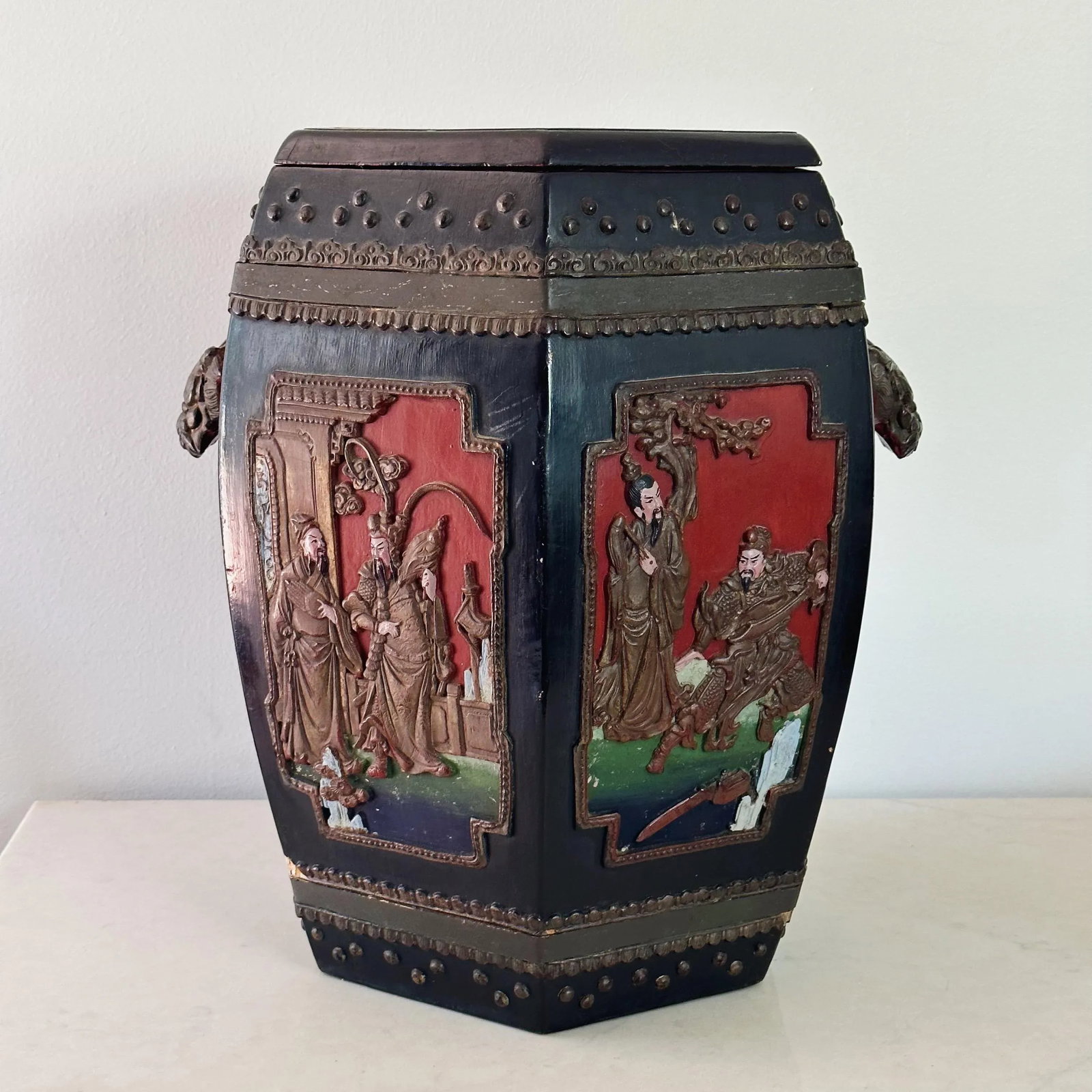 Antique Chinese Hand Carved and Painted Hexagonal Wooden Rice Barrel With Dragon Handles - 2