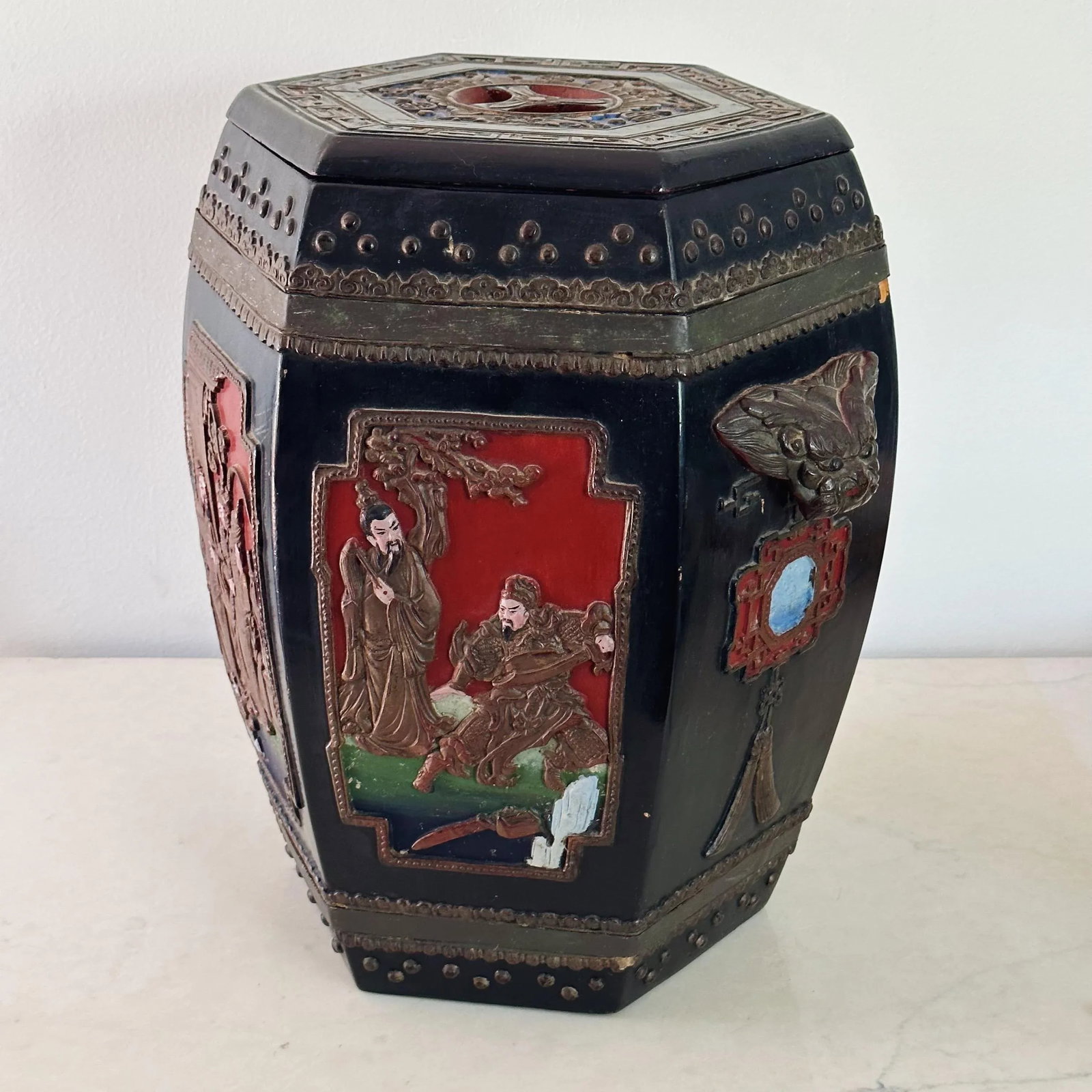 Antique Chinese Hand Carved and Painted Hexagonal Wooden Rice Barrel With Dragon Handles - 3