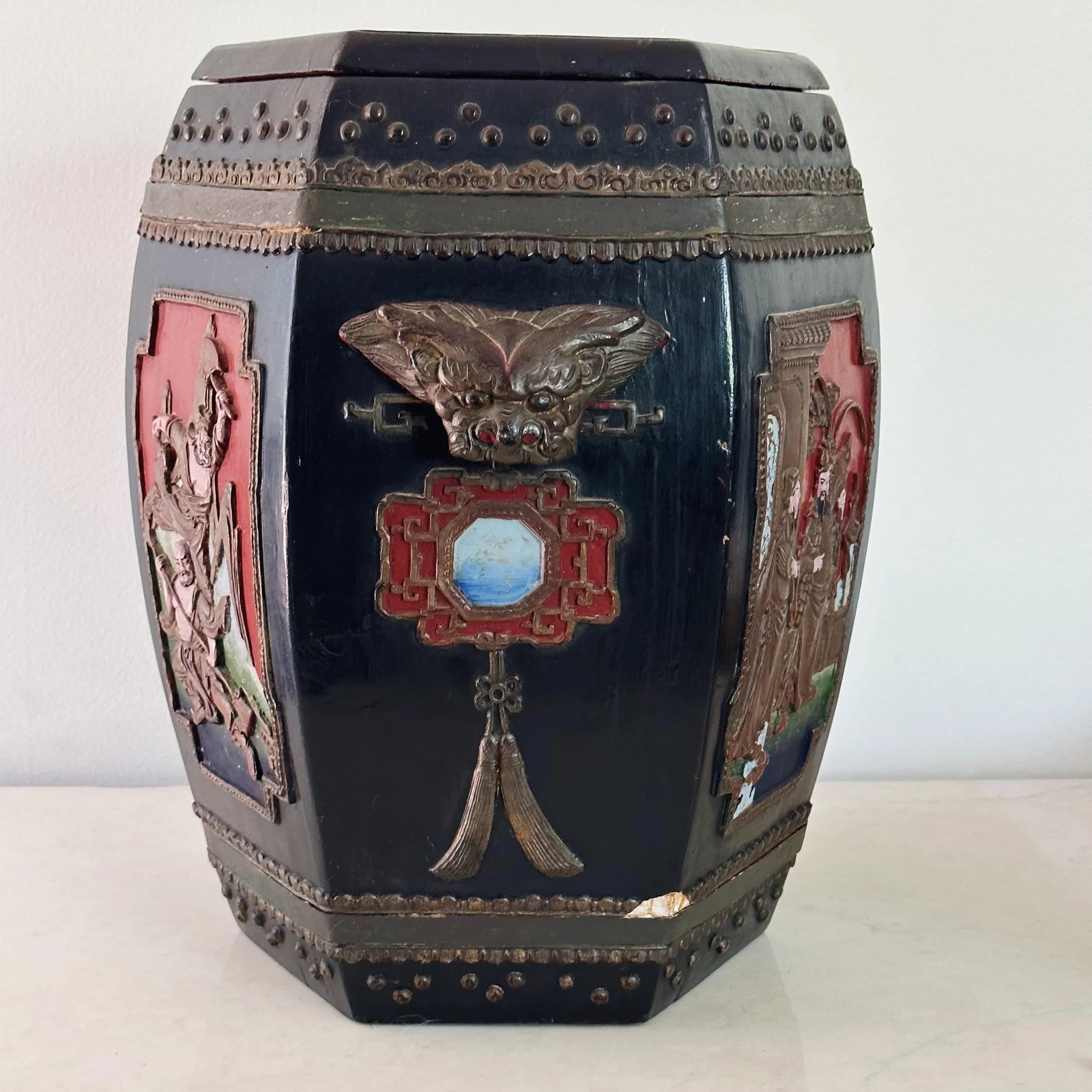 Antique Chinese Hand Carved and Painted Hexagonal Wooden Rice Barrel With Dragon Handles - 4