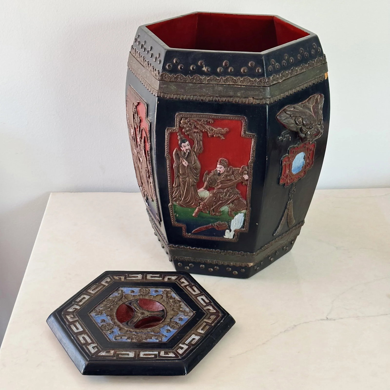 Antique Chinese Hand Carved and Painted Hexagonal Wooden Rice Barrel With Dragon Handles - 5