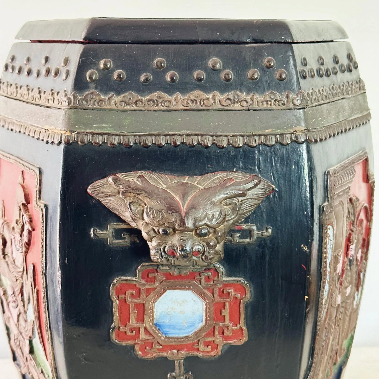 Antique Chinese Hand Carved and Painted Hexagonal Wooden Rice Barrel With Dragon Handles - 6