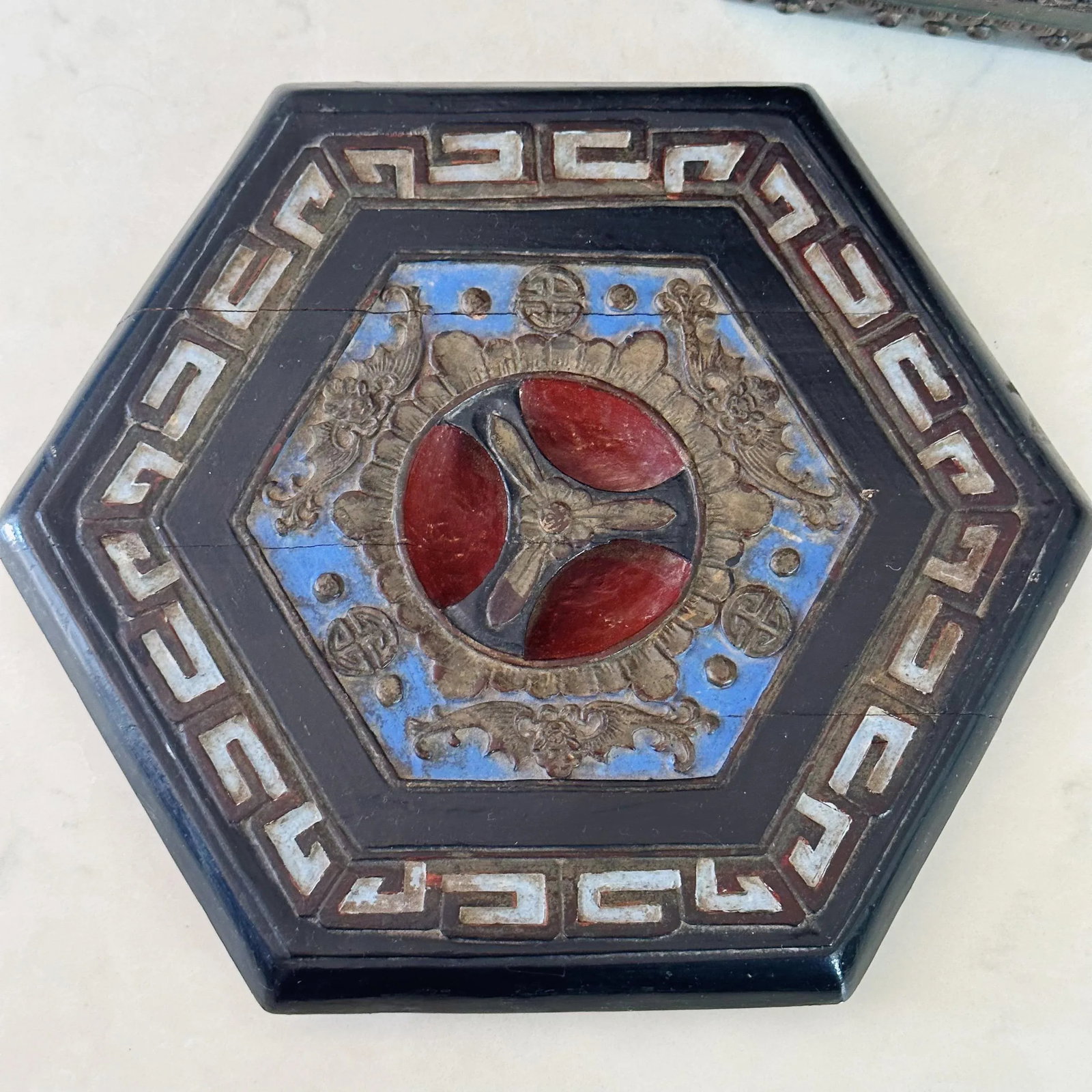 Antique Chinese Hand Carved and Painted Hexagonal Wooden Rice Barrel With Dragon Handles - 7