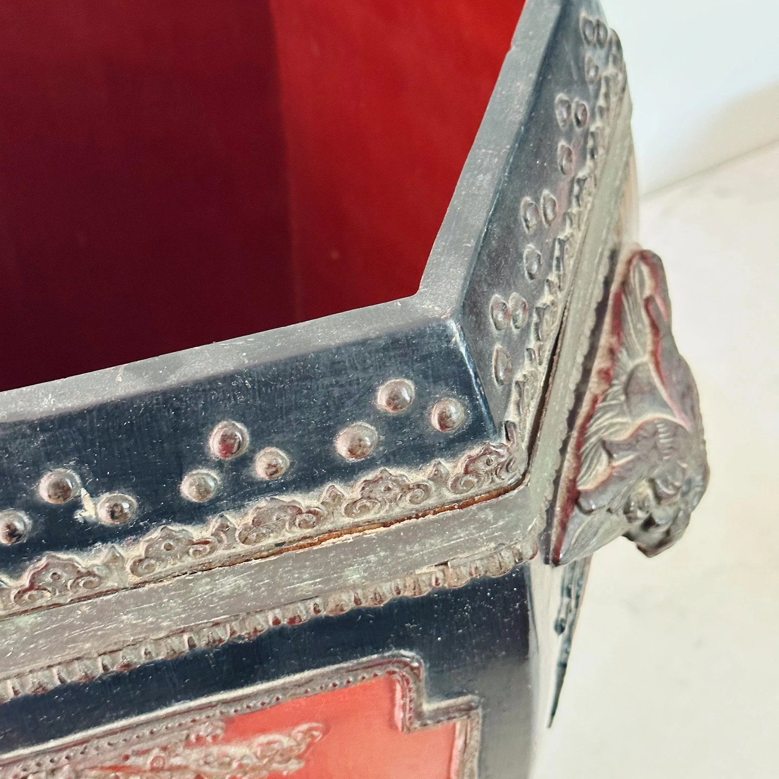Antique Chinese Hand Carved and Painted Hexagonal Wooden Rice Barrel With Dragon Handles - 9