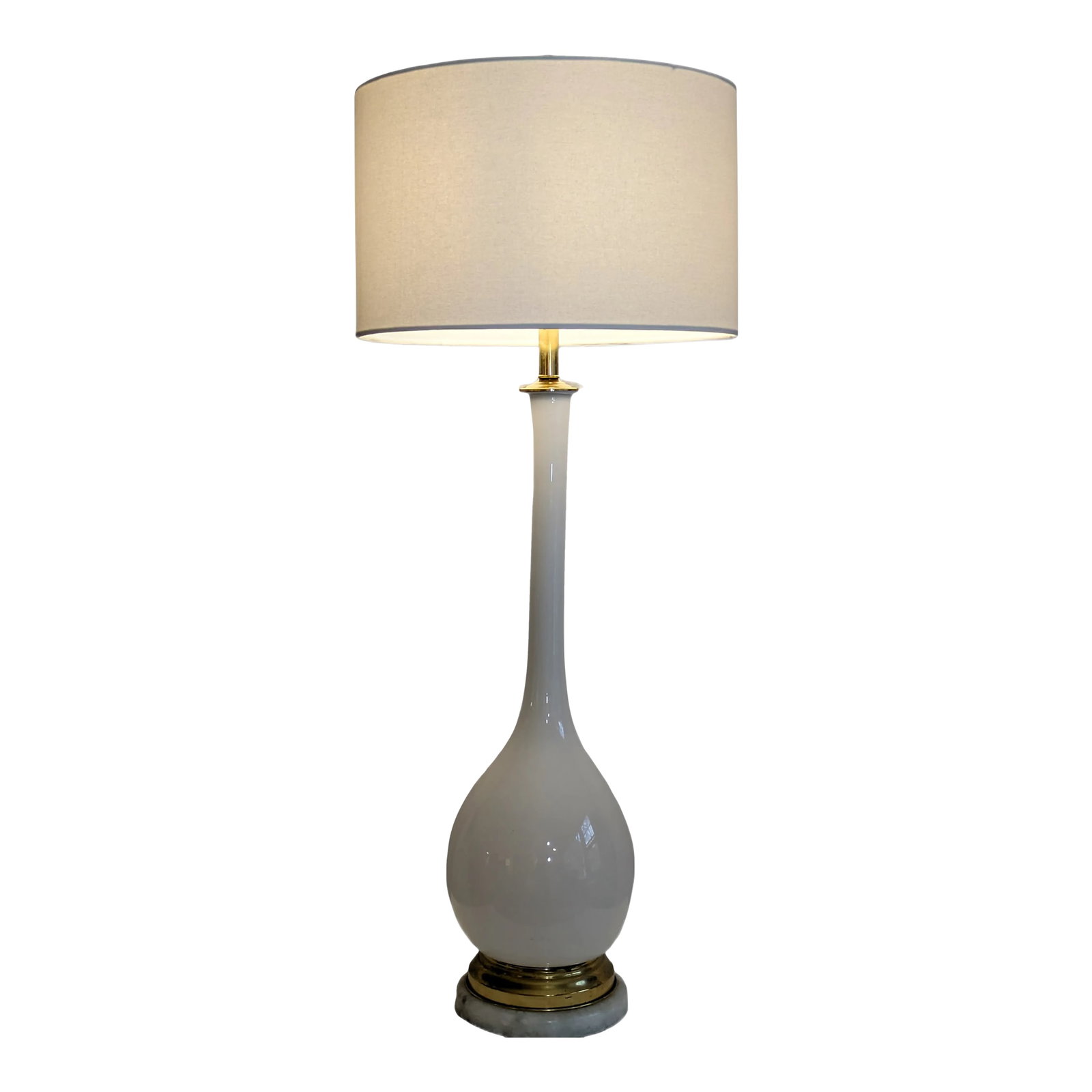 Mid-Century Archimede Leguso Murano Glass Long Neck Lamp: Archimede Seguso vintage cased Opaline Murano glass lamps. Simple and elegant in their design, with tall long necks, which extend the lamps to a height of 31 inches from base to top of socket. Glass