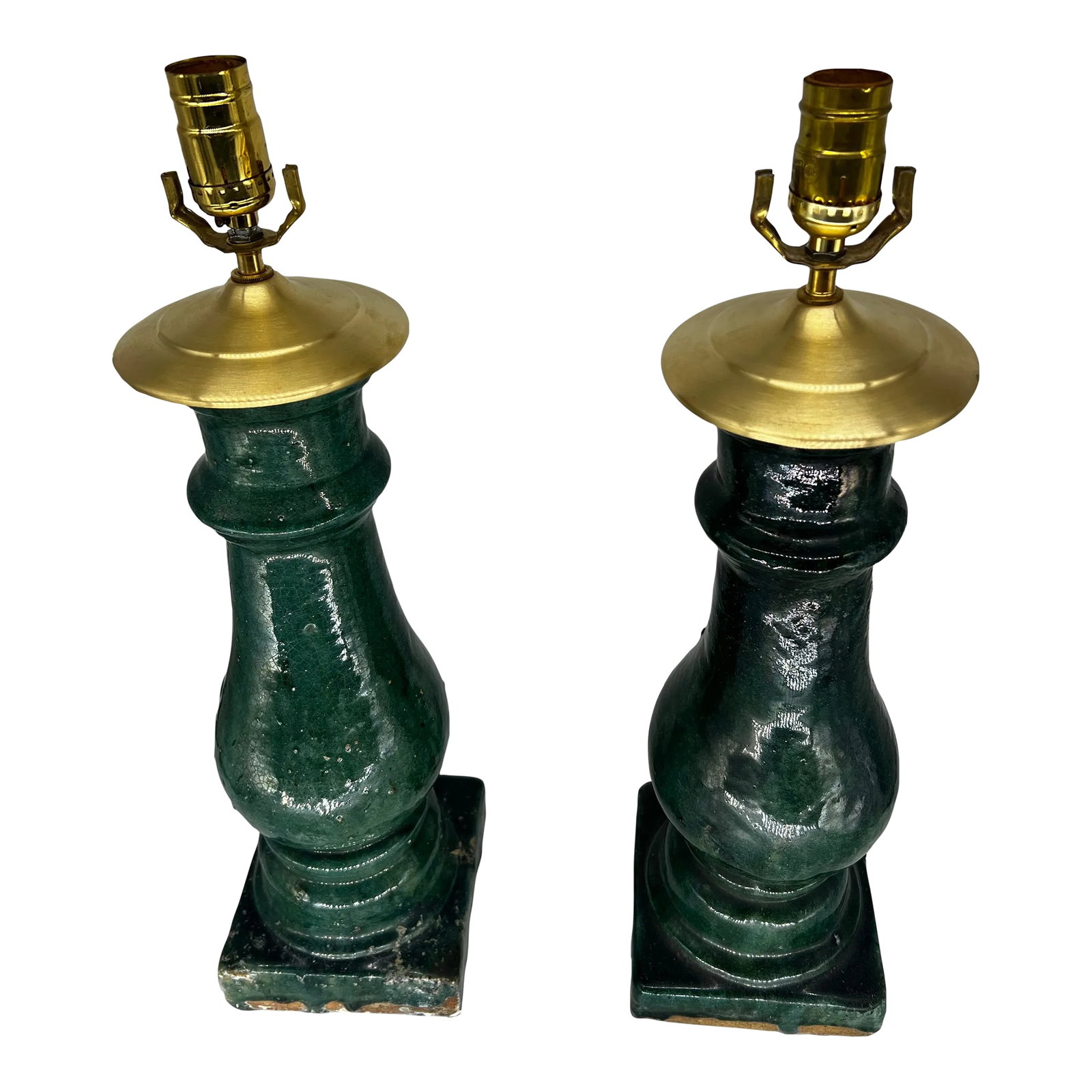 Late 19th Century Glazed Terracotta Baluster Lamps - a Pair: Pair of glazed terracotta green baluster lamps. Circa Late 19th to Early 20th Century Condition: Alterations: Original Condition Unaltered Imperfections: Some Imperfections Condition Notes: In good