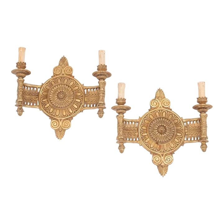 Pair of Early 20th Century French Art Deco-Style Bronze Wall Sconces: Pair of French Art Deco-Style Bronze Two-Light Wall Sconces , h. 13 1/2 in., w. 14 1/2 in., d. 5 1/2 in. Condition: Alterations: Unknown Imperfections: Some Imperfections Condition Notes: Excellent.