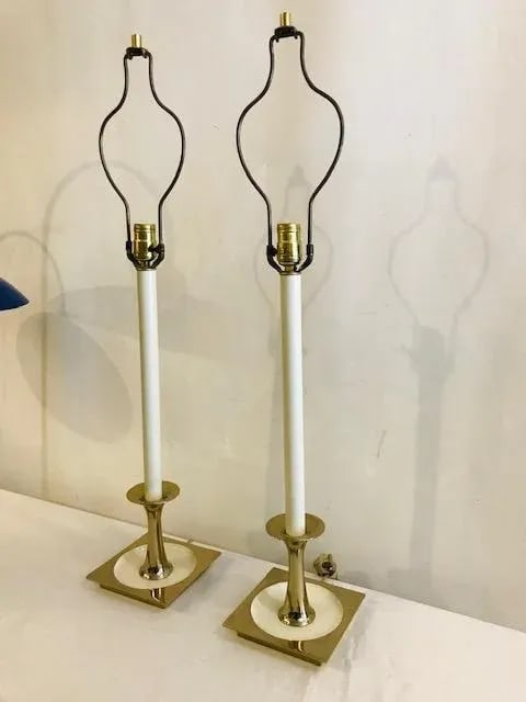 1960s Tall White Brass Candlestick Table Lamps Attributed to Rembrandt Unmarked - a Pair - 10