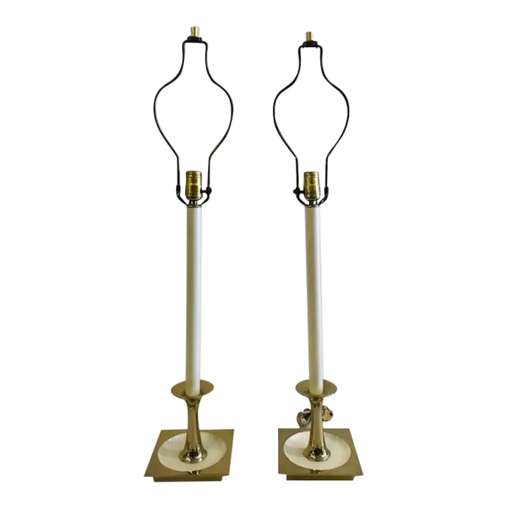 1960s Tall White Brass Candlestick Table Lamps Attributed to Rembrandt Unmarked - a Pair (1 of 10)