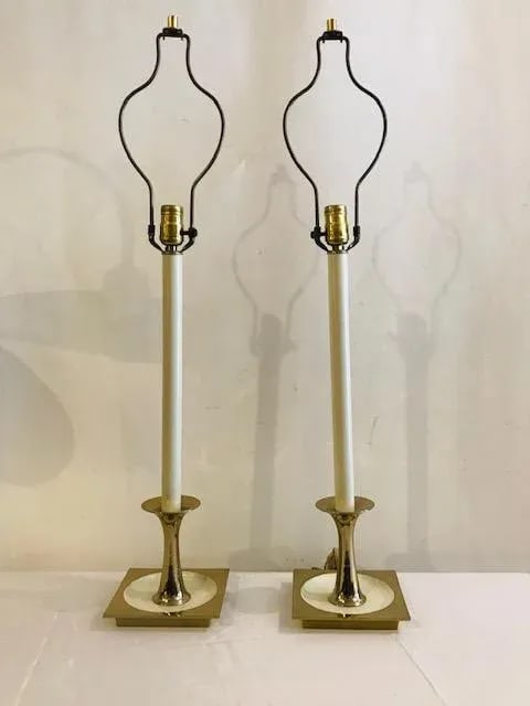 1960s Tall White Brass Candlestick Table Lamps Attributed to Rembrandt Unmarked - a Pair - 5