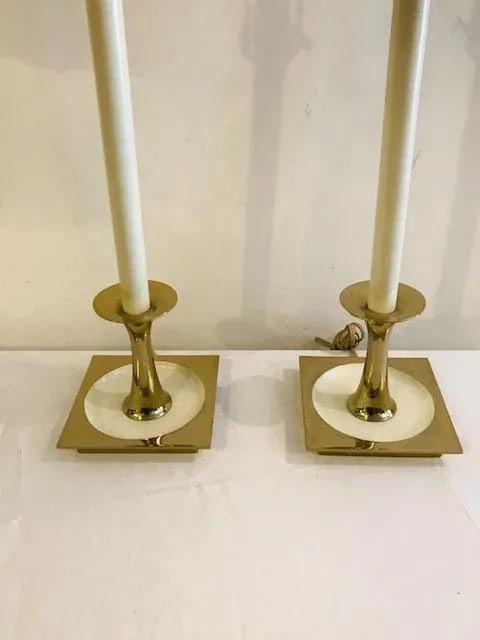 1960s Tall White Brass Candlestick Table Lamps Attributed to Rembrandt Unmarked - a Pair - 6
