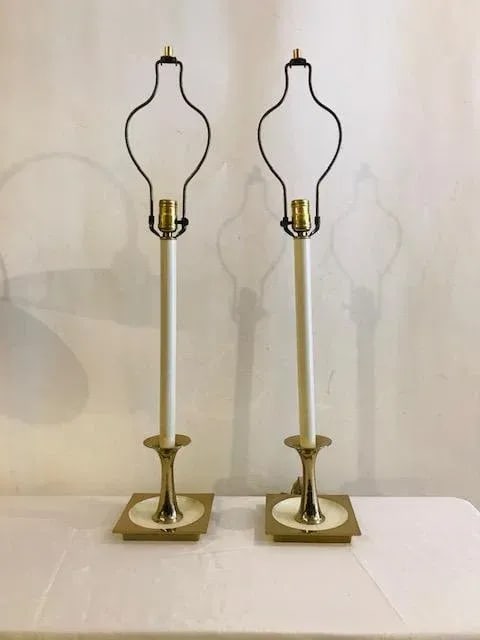 1960s Tall White Brass Candlestick Table Lamps Attributed to Rembrandt Unmarked - a Pair - 8