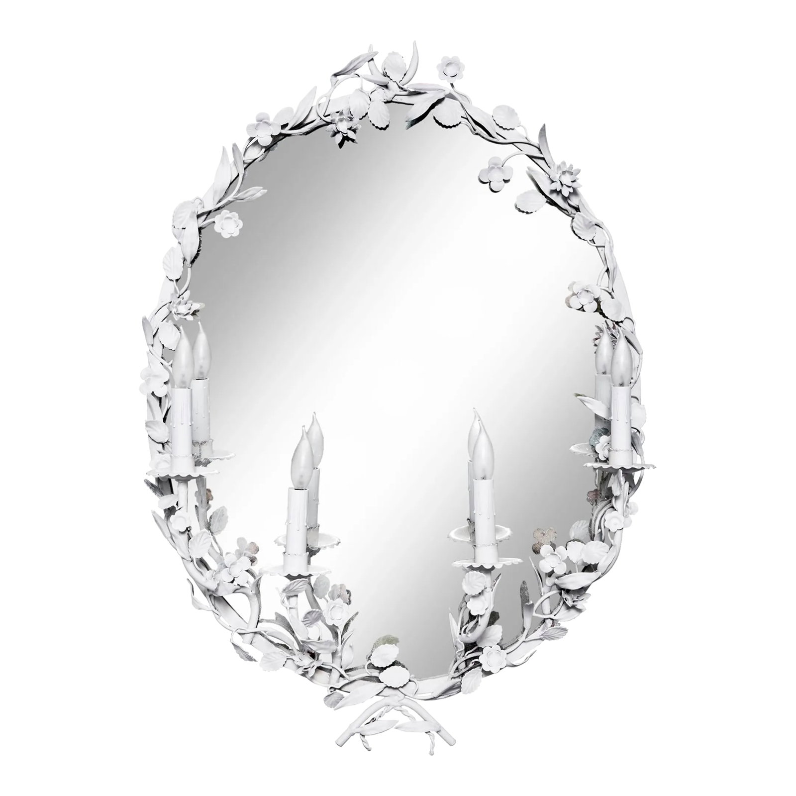Mid 20th Century Italian Iron Floral Sconce Mirror: Italian Oval mirrored sconce with 4 lights. Refinished in hand painted white finish. Iron flowers & leaves. Newly rewired with clear cord & in-line switch. Takes standard chandelier 5-15 W bulbs. Cond