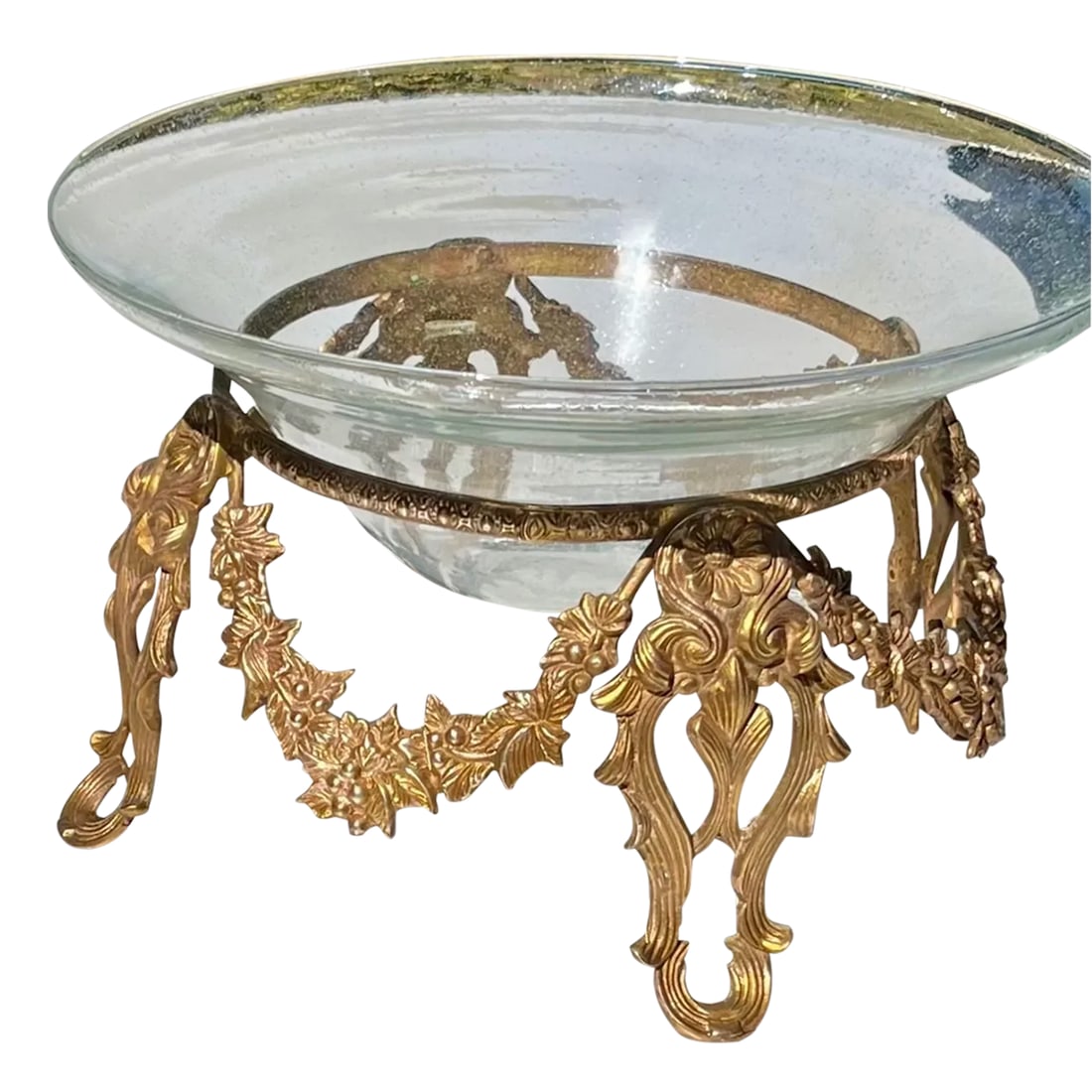 Vintage Large Art Glass Bowl Tazza Centerpiece Bowl in Brass Stand: Vintage Large Art Glass Bowl Tazza Centerpiece Bowl in Brass Stand Clear classical hand blown glass bowl fitting in an exquisite brass base. It is most likely dating from the Mid-Century. The stand