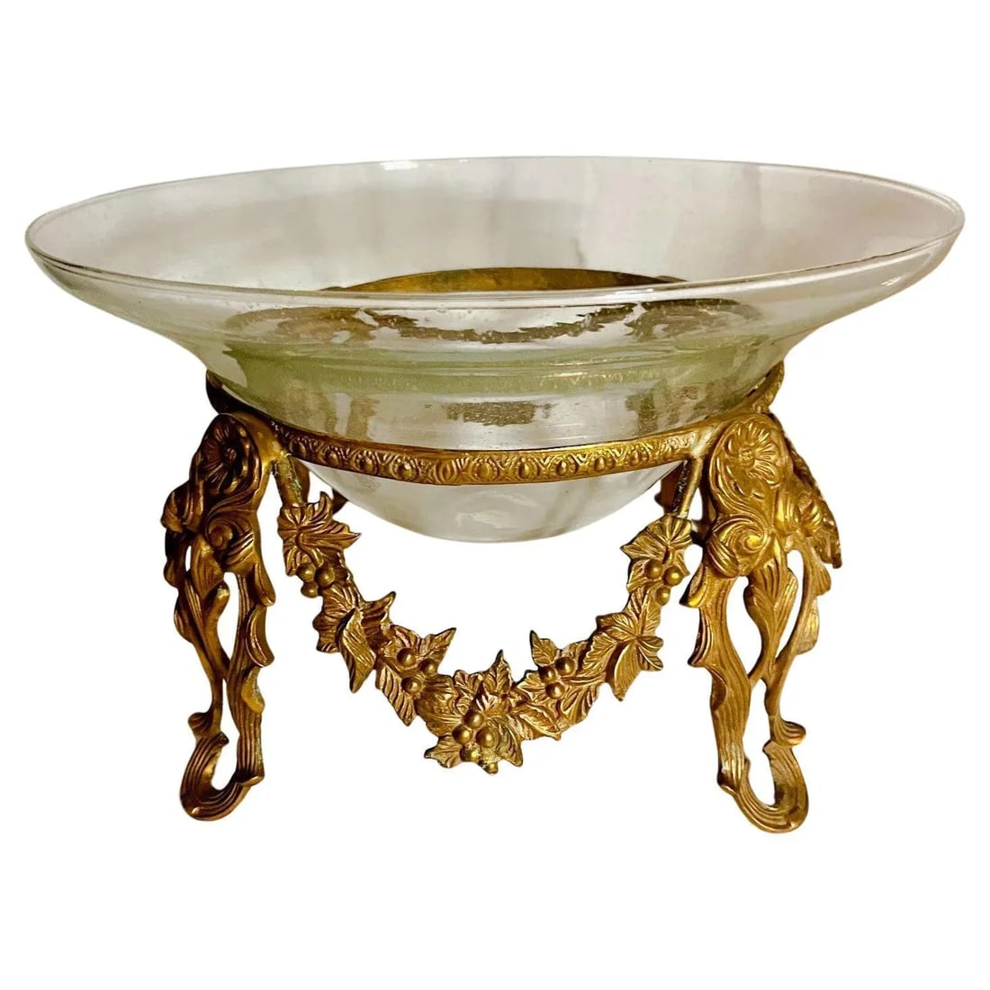 Vintage Large Art Glass Bowl Tazza Centerpiece Bowl in Brass Stand - 2
