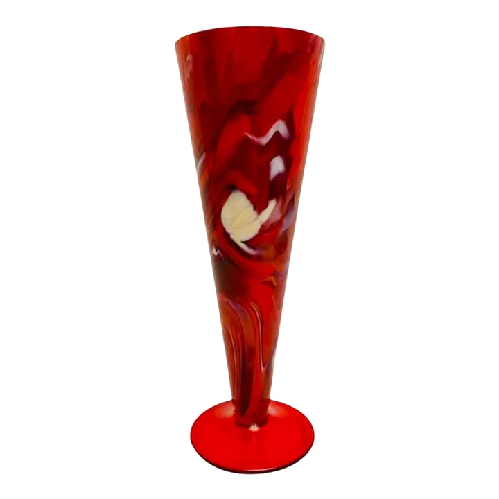 Murano Cenedese Conical Trumpet Vase Red White Orange Signed 1970's: Murano Cenedese Conical Trumpet Vase Red White Orange 7.75" Tall Signed 1970's. Excellent preowned condition. Vase is signed on the bottom. Vase measures 2.75"L x 2.75"W x 7.75"H. A beautiful RARE fin