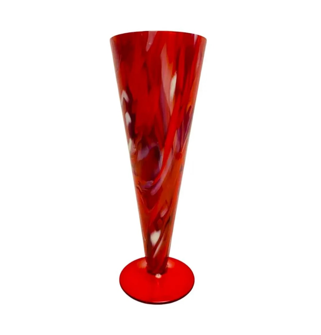 Murano Cenedese Conical Trumpet Vase Red White Orange Signed 1970's - 2