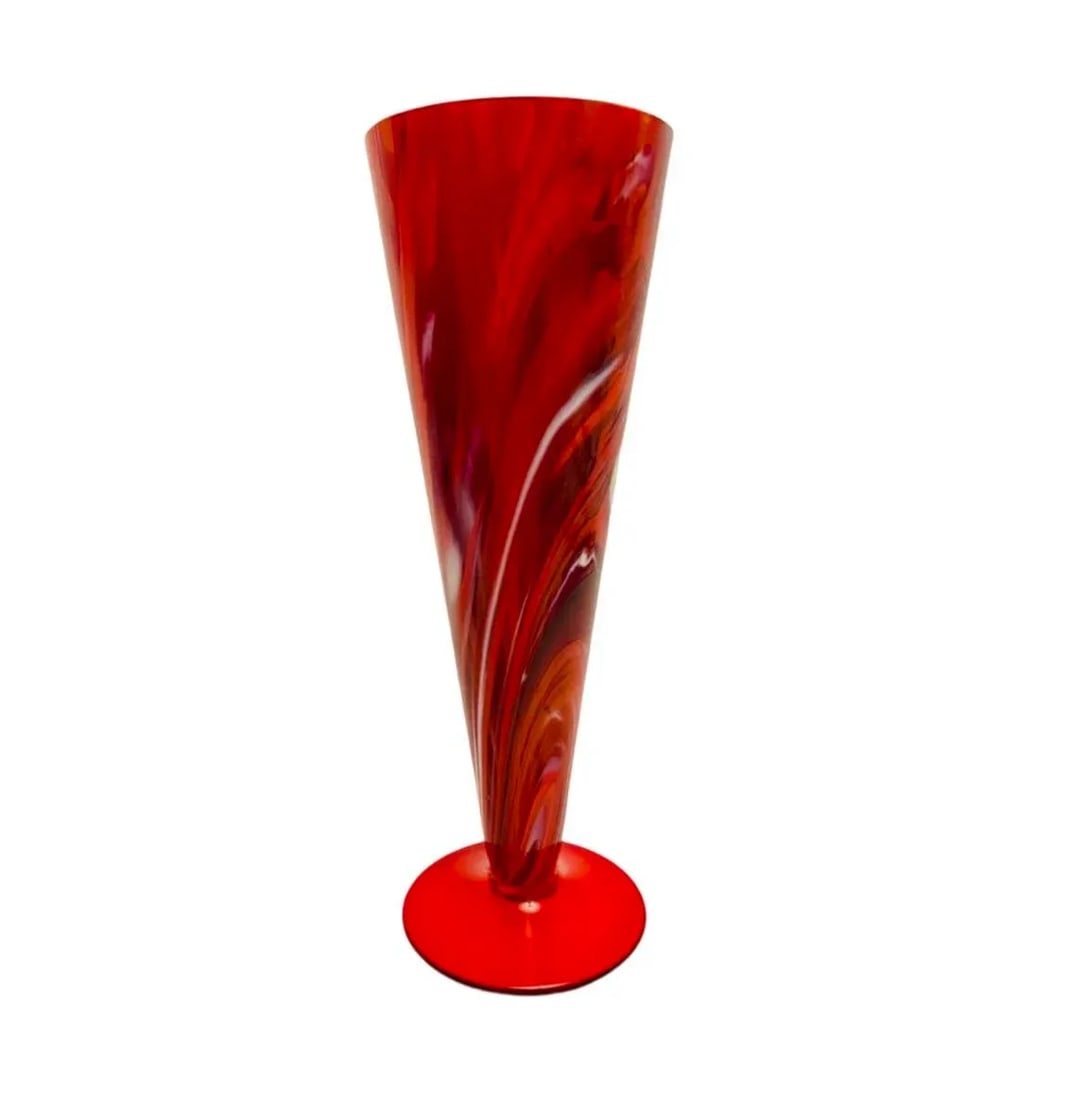 Murano Cenedese Conical Trumpet Vase Red White Orange Signed 1970's - 3