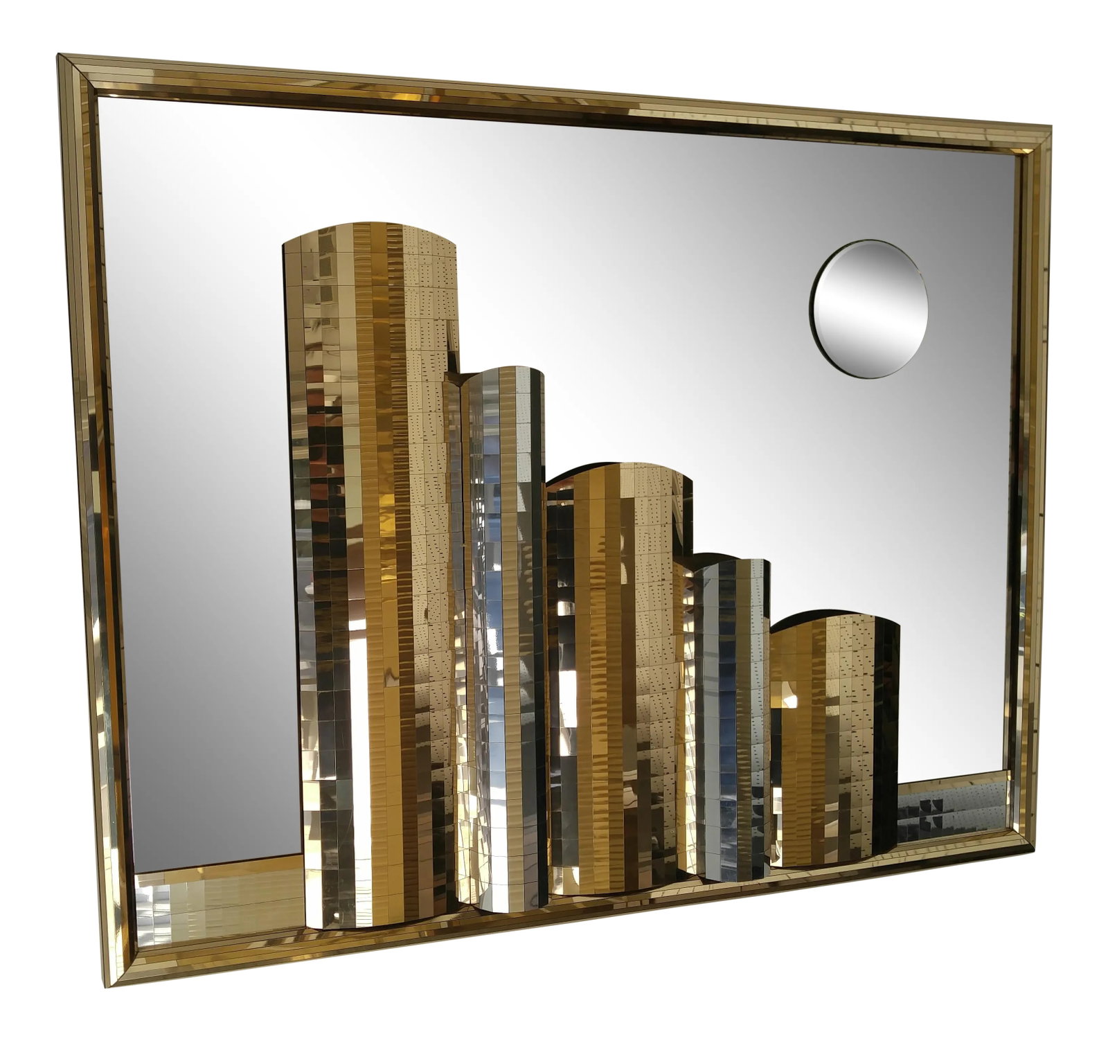 Brutalist Mid Century Mirror in Metal Brass: Great and Important Cityscape Mirror. Will make a beautiful wall accent! Condition: Alterations: Original Condition Unaltered Imperfections: Some Imperfections Condition Notes: Just perfect Materials