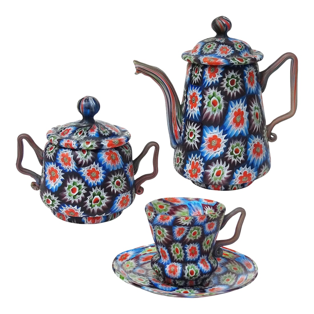 Antique Murano Fratelli Toso Millefiori Flower Mosaic Italian Art Glass Teapot Sugar Bowl Cup Saucer: Beautiful antique Murano hand blown millefiori flower mosaic Italian art glass teapot, sugar bowl, with teacup and saucer set. Documented to the Fratelli Toso Company, circa 1910-1930. Bold design,
