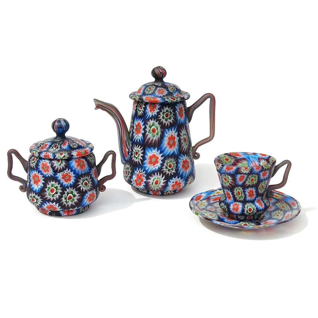 Antique Murano Fratelli Toso Millefiori Flower Mosaic Italian Art Glass Teapot Sugar Bowl Cup Saucer - 2