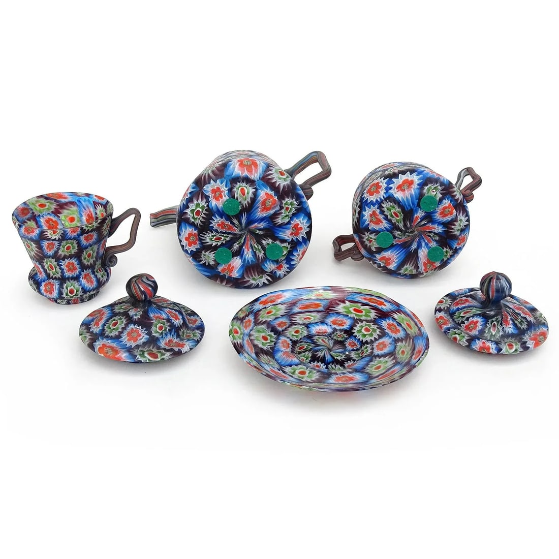 Antique Murano Fratelli Toso Millefiori Flower Mosaic Italian Art Glass Teapot Sugar Bowl Cup Saucer - 6