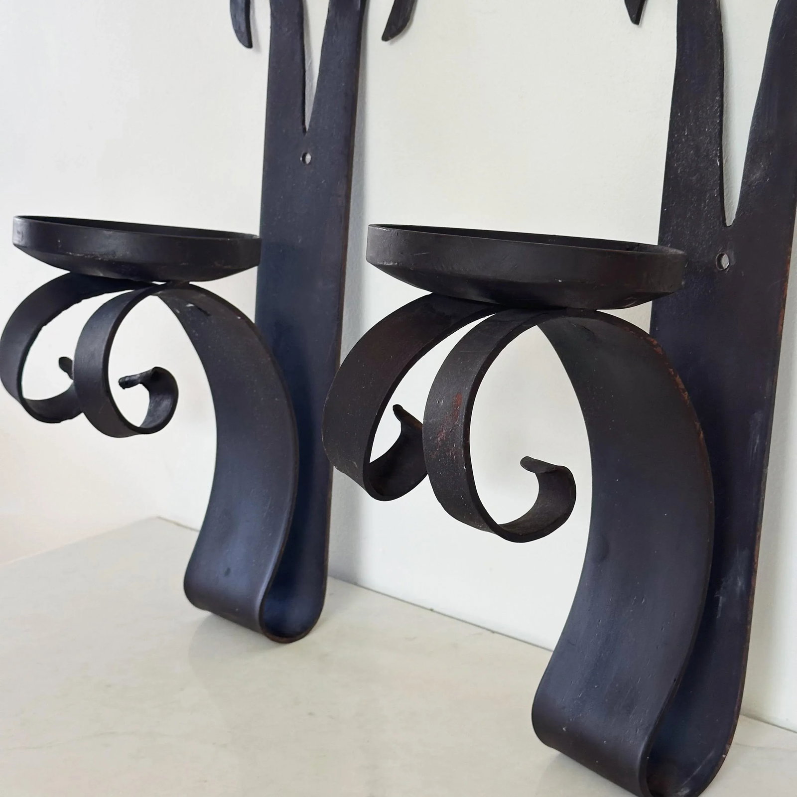 Antique Hammered Wrought Iron Spanish Revival Large Candle Wall Sconces, a Pair - 2
