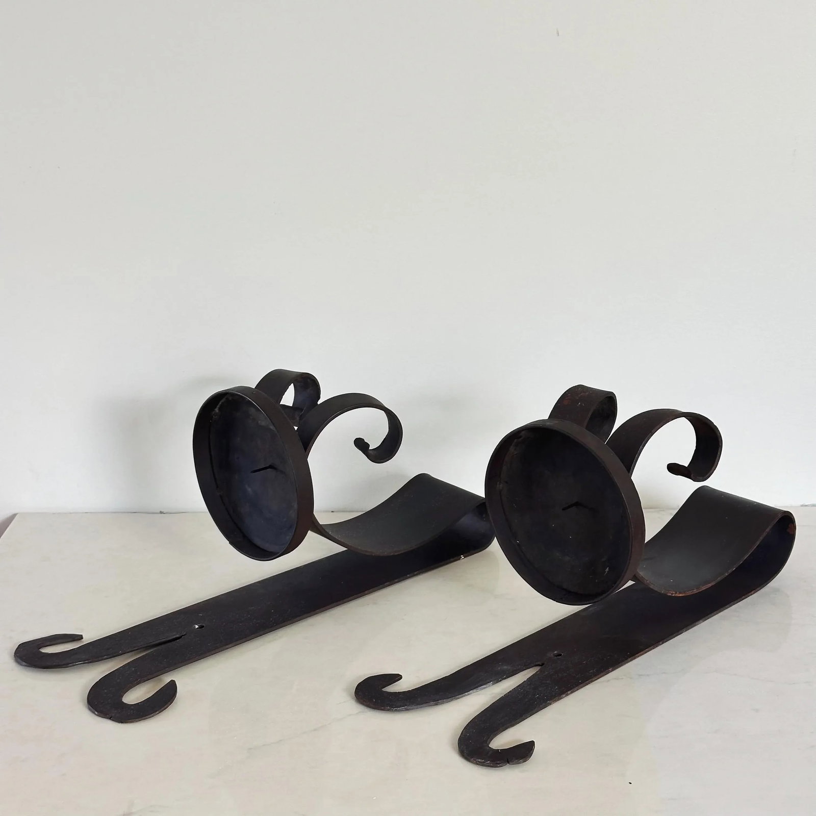 Antique Hammered Wrought Iron Spanish Revival Large Candle Wall Sconces, a Pair - 4