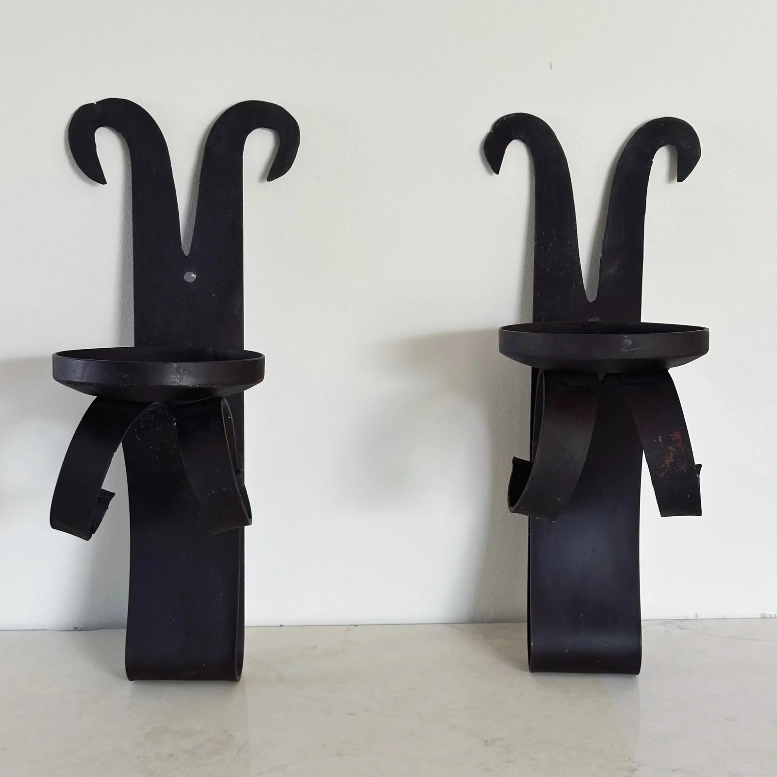 Antique Hammered Wrought Iron Spanish Revival Large Candle Wall Sconces, a Pair - 8