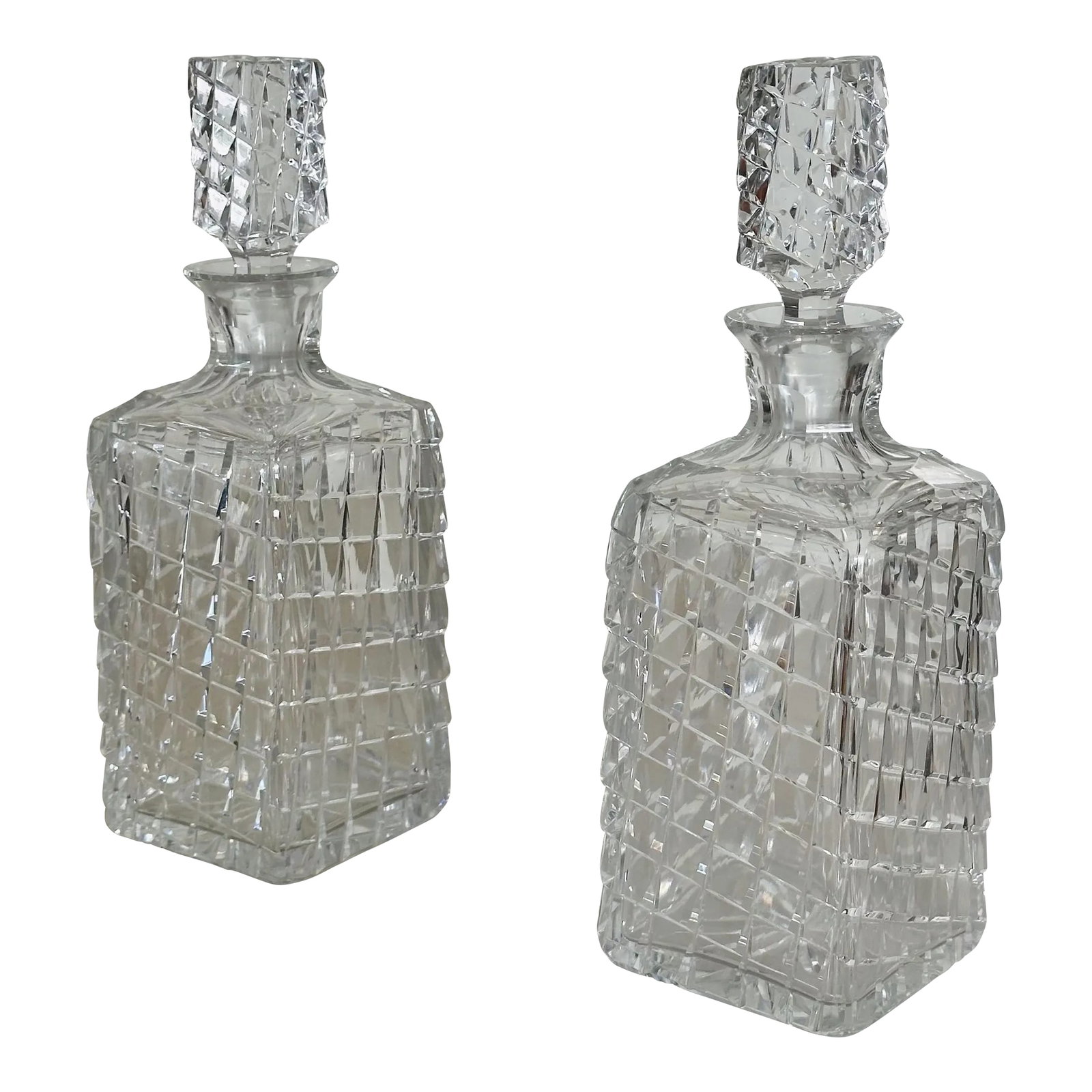Antique Hand Cut Crystal Art Deco Decanters in Unique Trapezoid Pattern With Matching Stoppers, a Pa: Antique Hand Cut Crystal Art Deco Decanters in Unique Trapezoid Pattern with Matching Stoppers, a Pair Measure approx: 11H x 3.5 x 3.5 Please visit my other listings for more curated treasures.