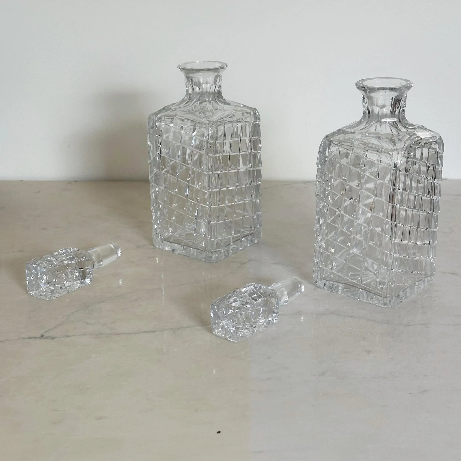 Antique Hand Cut Crystal Art Deco Decanters in Unique Trapezoid Pattern With Matching Stoppers, a Pa - 2