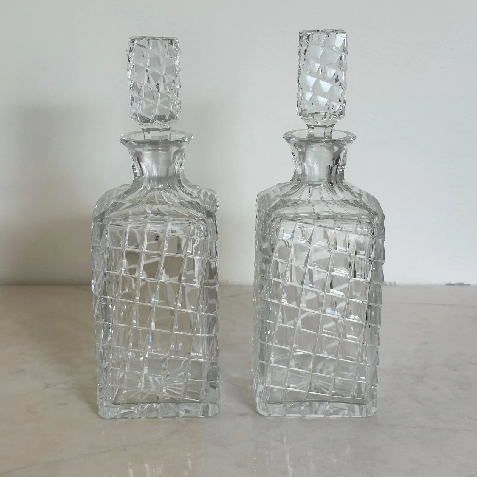 Antique Hand Cut Crystal Art Deco Decanters in Unique Trapezoid Pattern With Matching Stoppers, a Pa - 3