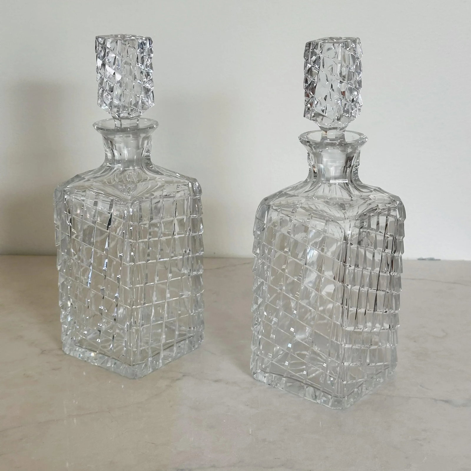 Antique Hand Cut Crystal Art Deco Decanters in Unique Trapezoid Pattern With Matching Stoppers, a Pa - 4
