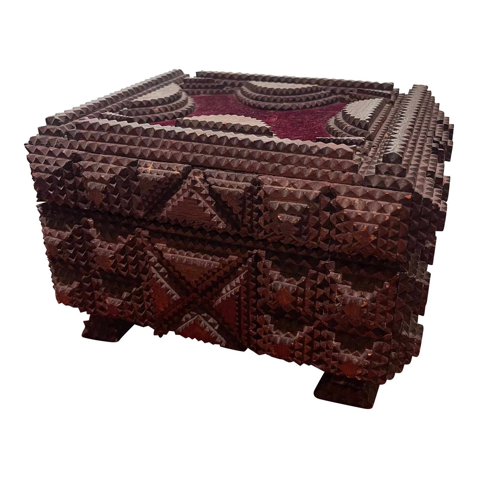 Vintage 1930's Tramp Box: Tramp Art Box: This vintage piece features a sculptural design with a built-in red velvet on the top. Its traditional triangular motif adorns all sides. The hinged lid exposes a black fabric