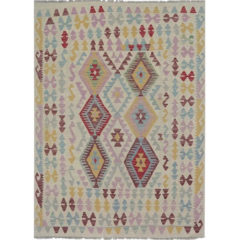 Handwoven Turkish Kilim Rug - 4'10'' * 6'7'': This fun rug is a beautiful traditional handwoven Turkish Kilim rug featuring allover diamond and geometric shape motif in a multi-colored design. The lightweight construction makes this rug an