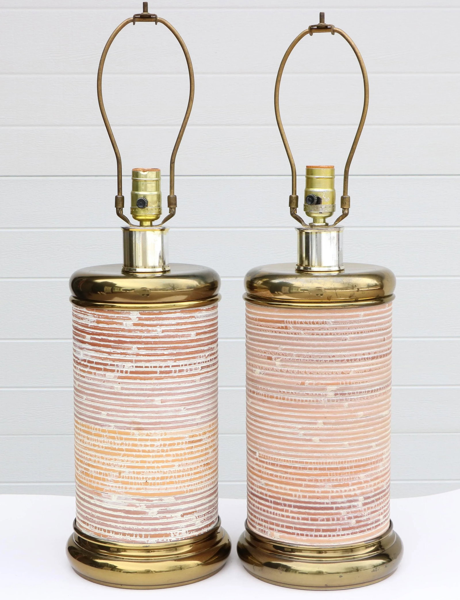 Cerused Reed & Brass Table Lamps - a Pair - 4