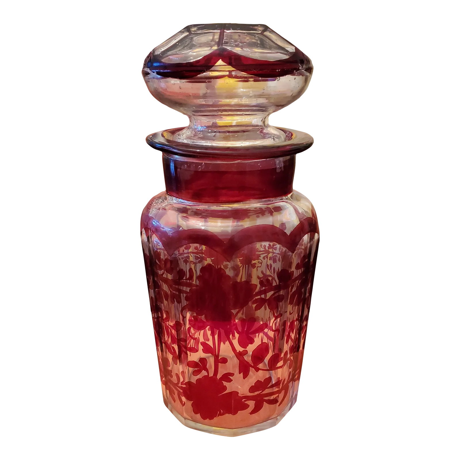 Antique Bohemian Glass Moser Tea Caddy Ruby Overlay: Antique original circa 1880 a fine bohemian glass moser tea caddy in pristine condition ( possibly never used given the crystal clean/clear interior always kept as an heirloom to be passed down from o