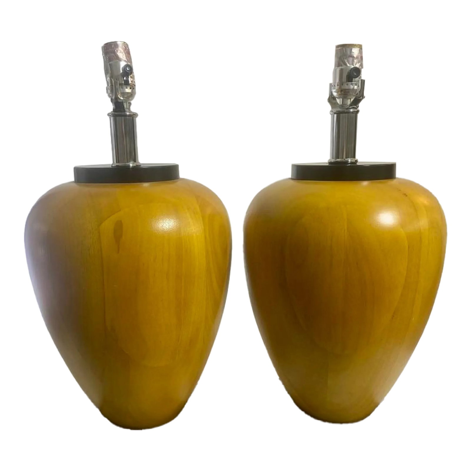 Pair, Postmodern Table Lamps, Solid Pear-Wood, United States, Circa 1980s: This stunning pair of hand-turned pearwood table lamps exhibits the hallmarks of architecturally-informed design, reminiscent of the work of Michael Graves. While lacking a maker's mark, their