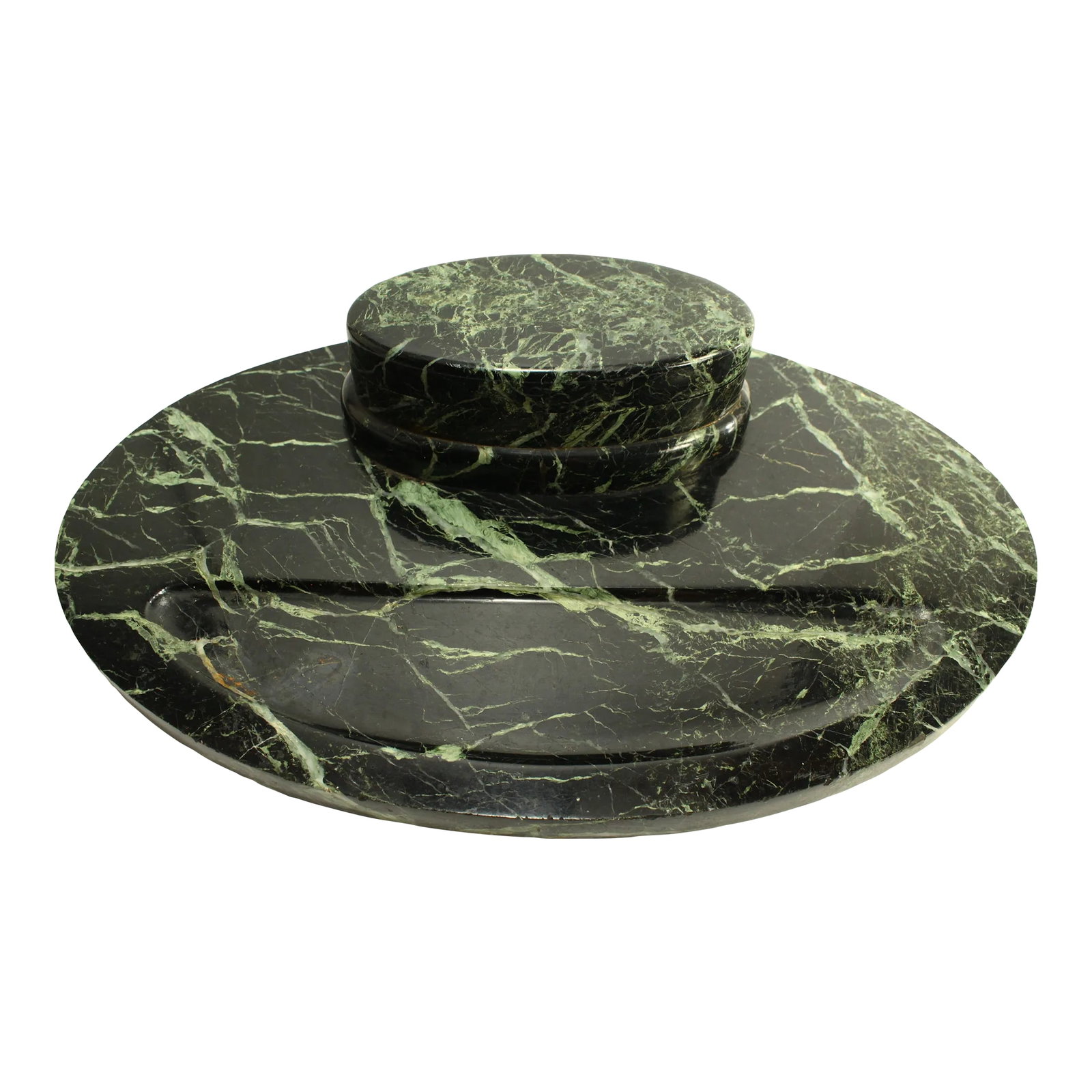 1900's Art Deco Oval Desk Inkwell Black Marble with Green Strikes (1 of 12)